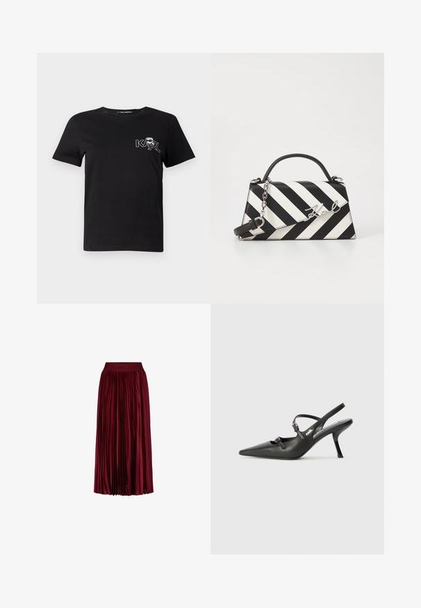 T-shirt noir à manches courtes en coton. Présente un graphique blanc avec le texte "KARL" et une figure stylisée sur la poitrine. Encolure ronde.; Jupe midi plissée bordeaux avec taille élastique arborant un discret logo en relief.; Talons slingback en cuir noir avec un bout pointu, un talon fin et un détail de boucle décorative sur le vamp. Texture lisse et design épuré.; Sac à main rayé noir et blanc avec une forme structurée, doté d'une poignée supérieur, d'une bandoulière en chaîne amovible et d'un accent logo métallisé.