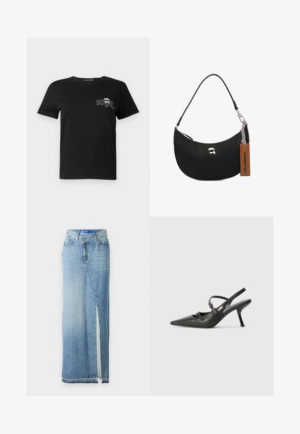 Crna majica kratkih rukava od pamuka. Ima bijelu grafiku s natpisom "KARL" i stiliziranom figurom na prsima. Okrugli izrez.; Svijetloplava traper maxi suknja s prednjim prorezom, kopčanjem na gumbi, petljama za remen i detaljima izblijedjelosti na jednostavnoj pozadini.; Crne kožne štikle sa otvorenom petom, s uskim vrhom i dekorativnom kopčom na gornjem dijelu. Glatka tekstura i elegantan dizajn.; Crna kožna torba s teksturom od šljunka, zakrivljenog oblika, s gornjim zatvaranjem na zip, srebrnim detaljima i smešnim oznakom. Sadrži akcenat logotipa.