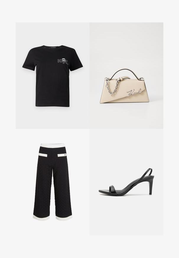 Black short-sleeve t-shirt made of cotton. Features a white graphic with the text "KARL" and a stylized figure on the chest. Round neckline.; Black cropped pants with a textured, woven pattern. Features white accent stripes at the waist and hem, plus two back pockets.; Black high-heeled sandals featuring a thin strap across the toes and a slender back strap. Smooth, shiny material with a minimalist design.; Beige leather handbag with a structured, triangular shape, featuring a silver chain handle and a cursive logo in metal.
