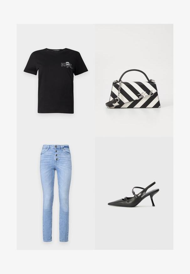 Zwarte korte mouwen t-shirt van katoen. Heeft een witte grafische print met de tekst "KARL" en een gestileerde figuur op de borst. Ronde hals.; Lichtblauwe, high-waisted spijkerbroek van denim. Voorzien van een sluiting met vijf knopen, slim fit en minimale vervaging met gestikte details.; Zwarte leren slingback hakken met een spitse neus, slanke hak en decoratieve gespdetails op de bovenkant. Gladde textuur en een strakke uitstraling.; Zwart-wit gestreepte handtas met een gestructureerde vorm, voorzien van een bovenhandvat, een afneembare kettingriem en een metalen logo-accent.