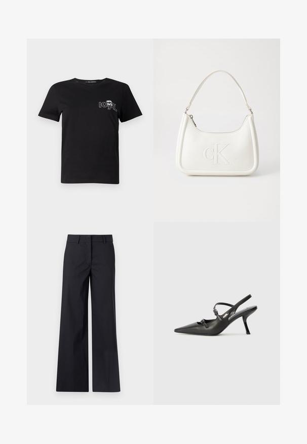 Melnas īsām piedurknēm T-krekls, izgatavots no kokvilnas. Ar baltu grafiku, kurā rakstīts "KARL" un stilizēta figūra uz krūšu daļas. Apaļš kakla izgriezums.; Melnas platās bikses, izgatavotas no kokvilnas maisījuma auduma. Tām ir plakans priekšpuse, josta un sānu kabatas. Gluda tekstūra, pielāgota dizaina.; Melnas ādas slingback papēži ar norādītu purngalu, izsmalcinātu papēdi un dekoratīvu sprādzi uz priekšpuses. Gluda tekstūra un elegants dizains.; Balta ādas rokassoma ar noapaļotu formu, uz kuras priekšpuses ir izgriezts "CK" logo un viena plecu siksna. Augšā aizverama ar rāvējslēdzēju.