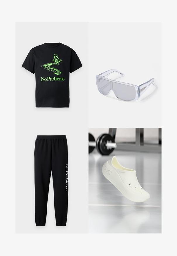 Juodas medvilninis marškinėliai su žaliu ateivio grafiku ir užrašu "No Problemo", atsipalaidavusio kirpimo ir trumpomis rankovėmis.; Juodos pigios kelnės su elastinga juosmens juosta, siaurėjantys kulkšnys ir balta užrašyta "No Problemo" tekstas ant kairės kojos. Minkšta medvilnė.; Balti šlepečiai su lygiu, struktūruotu paviršiumi, turintys du ventiliacijos angas ir išlenktą dizainą. Prekės ženklas matomas šone.; Akiniai nuo saulės su skaidriu plastikiniu rėmu ir tamsintais lęšiais, su apvyniojimo dizainu ir tekstūruotais šoniniais akcentais.