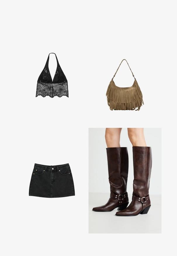 Stradivarius - Bluzka; Czarna denimowa mini spódnica z guzikami z przodu, szlufkami na pasek i dwoma przednimi kieszeniami z mosiężnymi nitami, leżąca płasko na białym tle.; RAID NEVIS brązowy; Brązowa torebka z zamszu z długimi frędzlami, o zakrzywionym kształcie i pojedynczym paskiem na ramię. Posiada gładką, teksturowaną powierzchnię.