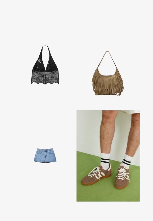 Stradivarius HALTER WITH EMBROIDERY - Pusero - black; Vaaleansininen farkkuhame, jossa on korkea vyötärö, etutaskut ja hieman levenevä helma. Sujuva pinta, jossa on vähäiset sauman yksityiskohdat.; Ruske nahkate sneakerit valkoisilla korostuksilla ja nauhoilla. Kumi-gumipohja. Yhdistetty valkoisiin sukkiin, joissa on mustia raitoja. Vihreä teksturoitu lattia.; Ruskea mokkanahkainen käsilaukku, jossa on pitkät fringer yksityiskohdat, kaareva muoto ja yksi olkahihna. Pinta on sileä ja teksturoitu.