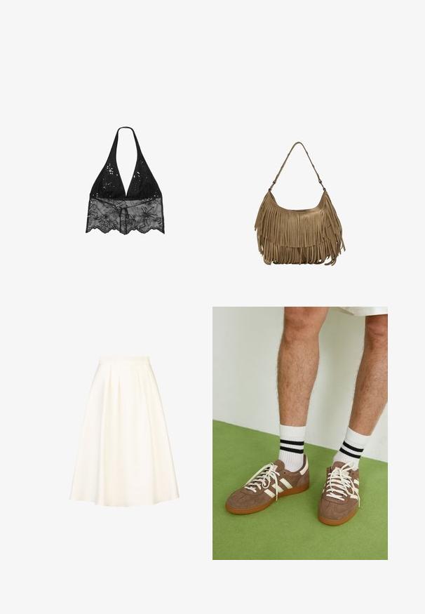 Stradivarius HALTER WITH EMBROIDERY - Blus - black; En knälång, veckad kjol i krämfärgad tyg med en slät textur och en figurnära midjeband, designad för både vardags- och finare tillfällen.; Bruna mockaskor med vita detaljer och snören. Gummisula i beige. Bärs med vita strumpor med svarta ränder. Grön strukturerad golvyta.; Brun mockaskinns väska med långa fransdetaljer, en böjd form och ett enda axelband. Har en jämn, strukturerad yta.