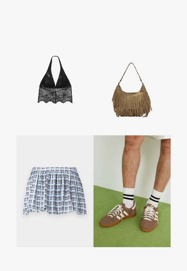 Stradivarius HALTER WITH EMBROIDERY - Pusero - black; Sininen ja valkoinen ruudullinen hame, jossa on elastinen vyötärö ja kerrostettu muotoilu, ja tummansiniset viivat luovat tekstuurimallin.; Ruske nahkate sneakerit valkoisilla korostuksilla ja nauhoilla. Kumi-gumipohja. Yhdistetty valkoisiin sukkiin, joissa on mustia raitoja. Vihreä teksturoitu lattia.; Ruskea mokkanahkainen käsilaukku, jossa on pitkät fringer yksityiskohdat, kaareva muoto ja yksi olkahihna. Pinta on sileä ja teksturoitu.