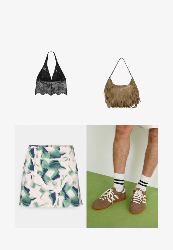 Stradivarius HALTER WITH EMBROIDERY - Blus - black; Kjol med rosa bas och gröna och marinblå blommönster, tillverkad av ett mjukt tyg, med en figurnära midja och en rak siluett.; Bruna mockaskor med vita detaljer och snören. Gummisula i beige. Bärs med vita strumpor med svarta ränder. Grön strukturerad golvyta.; Brun mockaskinns väska med långa fransdetaljer, en böjd form och ett enda axelband. Har en jämn, strukturerad yta.