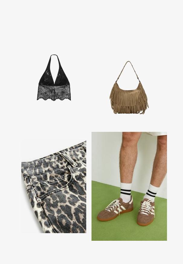 Stradivarius HALTER WITH EMBROIDERY  - Bluse - black; Leopardmønstret denimstof med sorte og beige nuancer, metalnitter, syede lommer og et struktureret taljebånddesign.; Brune ruskind sneakers med hvide detaljer og snørebånd. Gummisål i naturgummi. Båret med hvide sokker med sorte striber. Grøn struktureret gulv.; Brun ruskind skuldertaske med lange frynser, en buet form og en enkelt skulderrem. Har en glat, tekstureret overflade.