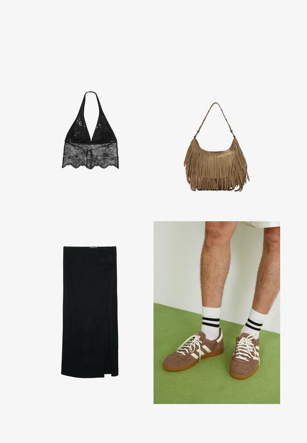 Stradivarius HALTER WITH EMBROIDERY  - Bluse - black; Schwarzer, knielanger Rock mit einem seitlichen Schlitz, aus einem leichten Stoff mit glatter Textur und schlichtem Design. Reißverschlussverschluss an der Taille.; Braune Wildleder-Sneaker mit weißen Akzenten und Schnürsenkeln. Gummisohle in Kautschuk-Optik. Getragen mit weißen Socken, die schwarze Streifen haben. Grüner strukturierter Fußboden.; Braune Wildleder-Handtasche mit langen Fransen, einer geschwungenen Form und einem einzelnen Schultergurt. Verfügt über eine glatte, strukturierte Oberfläche.