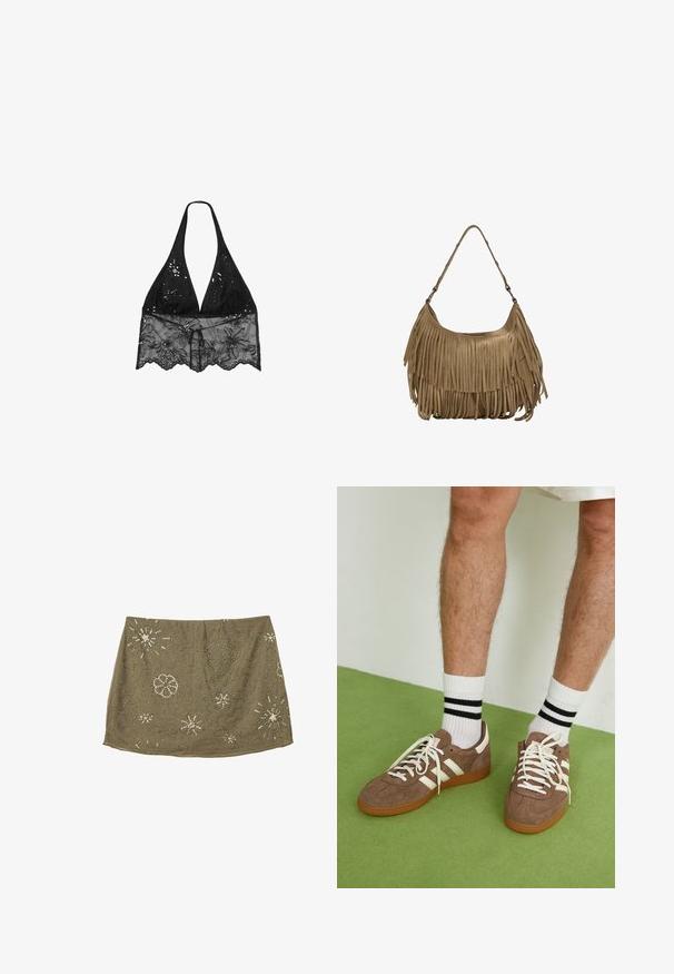 Stradivarius HALTER WITH EMBROIDERY - Bluse - black; Olivengrøn nederdel med en tætsiddende talje, der har sølvperleudsmykninger i blomster- og stjernemønstre, hvilket skaber et struktureret overflagedesign.; Brune ruskind sneakers med hvide detaljer og snørebånd. Gummisål i naturgummi. Båret med hvide sokker med sorte striber. Grøn struktureret gulv.; Brun ruskind skuldertaske med lange frynser, en buet form og en enkelt skulderrem. Har en glat, tekstureret overflade.