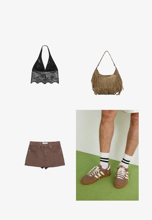 Stradivarius HALTER WITH EMBROIDERY - Camicetta - black; Gonna mini in denim marrone con vita aderente, design a cinque tasche, chiusura frontale con bottone e orlo appena sopra la coscia.; Sneaker in suede marrone con dettagli e lacci bianchi. Suola in gomma color gomma. Indossati con calzini bianchi con righe nere. Pavimento verde texturizzato.; Borsa a tracolla in suede marrone con lunghi dettagli in frange, forma curva e una singola tracolla. Presenta una superficie liscia e testurizzata.