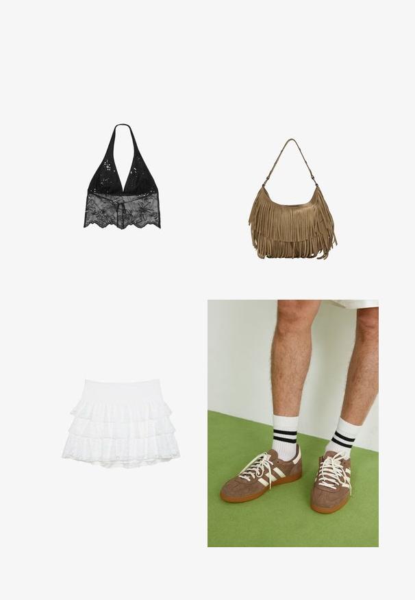 Stradivarius HALTER WITH EMBROIDERY - Bluse - black; Weiße, gestufte Minirock aus strukturiertem Spitze mit drei Lagen. Elastischer Taillenbund sorgt für Dehnbarkeit. Keine zusätzlichen Verzierungen.; Braune Wildleder-Sneaker mit weißen Akzenten und Schnürsenkeln. Gummisohle in Kautschuk-Optik. Getragen mit weißen Socken, die schwarze Streifen haben. Grüner strukturierter Fußboden.; Braune Wildleder-Handtasche mit langen Fransen, einer geschwungenen Form und einem einzelnen Schultergurt. Verfügt über eine glatte, strukturierte Oberfläche.