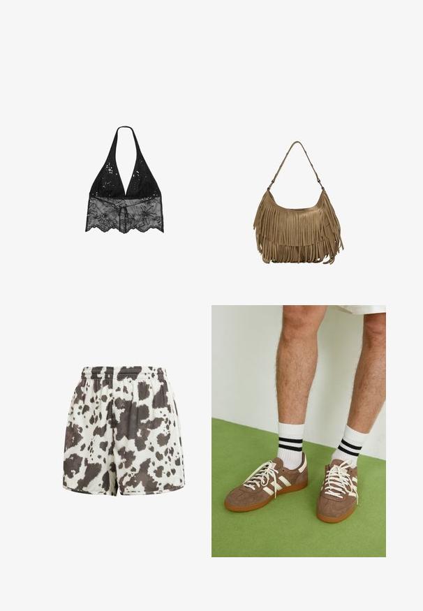 Stradivarius HALTER WITH EMBROIDERY - Bluza - black; Kratke hlače z vrvico v kremni barvi s črno-rjavim vzorcem kravjega krzna. Gladka tekstura, ohlapen kroj, našit rob in elastičen pas.; Rjavi semiš športni čevlji z belimi detajli in vezalkami. Gumijast podplat. Nošeni z belimi nogavicami z črnimi črtami. Zelena teksturirana talna obloga.; Rjava zamskasta torbica z dolgimi resicami, ukrivljenim oblikovanjem in enim naramnim trakom. Ima gladko, teksturirano površino.