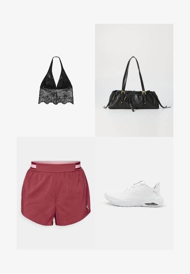 Stradivarius HALTER WITH EMBROIDERY  - Bluse - black; Maroon Sportshorts mit einem elastischen Bund, der einen pinken Akzentstreifen hat. Weicher, glatter Stoff und ein dezentes Logo am unteren Saum.; Weißer Laufschuh aus synthetischem Material mit einem schlichtem Design, ausgestattet mit Mesh-Details, einem gepolsterten Kragen und sichtbarer Luftdämpfung.; Schwarze Lederhandtasche mit gerafftem Oberteil, zwei Schulterriemen, goldfarbener Hardware und einem zentralen runden Akzent. Glatte Textur, kompakte Form.