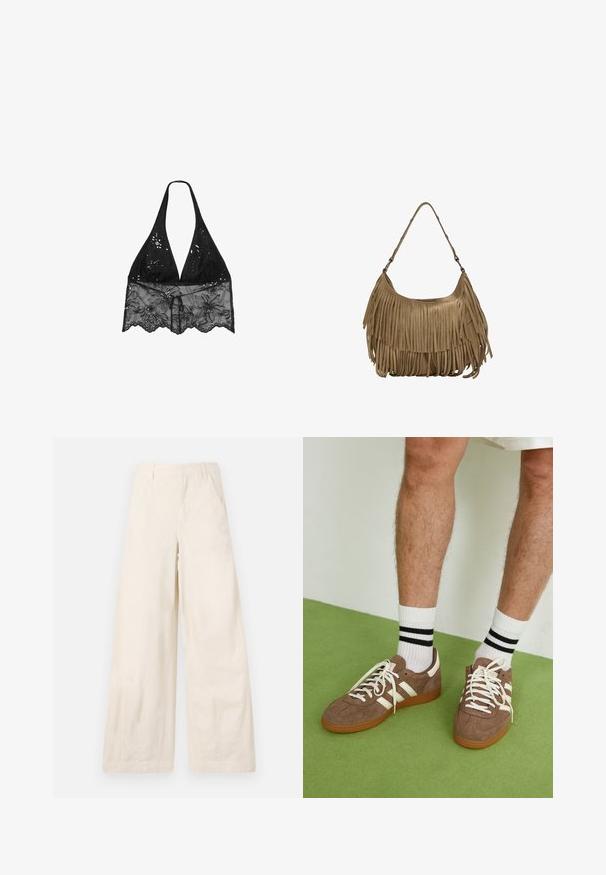 Stradivarius HALTER WITH EMBROIDERY  - Bluza - black; Hlače širokih nogavic iz bež bombažnega blaga, z sprednjimi žepi in gladko teksturo. Brez vidnih okraskov ali vzorcev.; Rjavi semiš športni čevlji z belimi detajli in vezalkami. Gumijast podplat. Nošeni z belimi nogavicami z črnimi črtami. Zelena teksturirana talna obloga.; Rjava zamskasta torbica z dolgimi resicami, ukrivljenim oblikovanjem in enim naramnim trakom. Ima gladko, teksturirano površino.