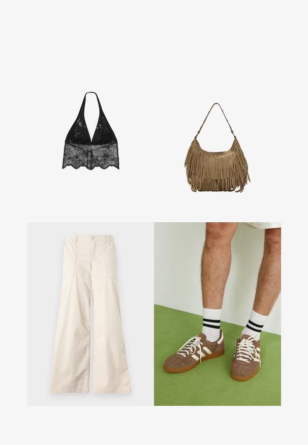 Stradivarius HALTER WITH EMBROIDERY - Bluza - black; Bež širši hlače z gumbom za zapiranje, elastičnim pasom in dvema stranskima žepoma. Gladek bombažni material z mehkobo.; Rjavi semiš športni čevlji z belimi detajli in vezalkami. Gumijast podplat. Nošeni z belimi nogavicami z črnimi črtami. Zelena teksturirana talna obloga.; Rjava zamskasta torbica z dolgimi resicami, ukrivljenim oblikovanjem in enim naramnim trakom. Ima gladko, teksturirano površino.