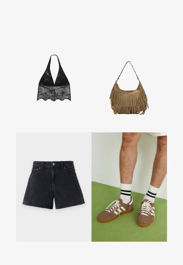 Stradivarius HALTER WITH EMBROIDERY - Bluse - black; Schwarze Denim-Shorts mit klassischem Schnitt, fünf Taschen, Metallknopfverschluss und tonalem Nähen. Der Stoff hat eine leicht strukturierte Oberflächenbeschaffenheit.; Braune Wildleder-Sneaker mit weißen Akzenten und Schnürsenkeln. Gummisohle in Kautschuk-Optik. Getragen mit weißen Socken, die schwarze Streifen haben. Grüner strukturierter Fußboden.; Braune Wildleder-Handtasche mit langen Fransen, einer geschwungenen Form und einem einzelnen Schultergurt. Verfügt über eine glatte, strukturierte Oberfläche.