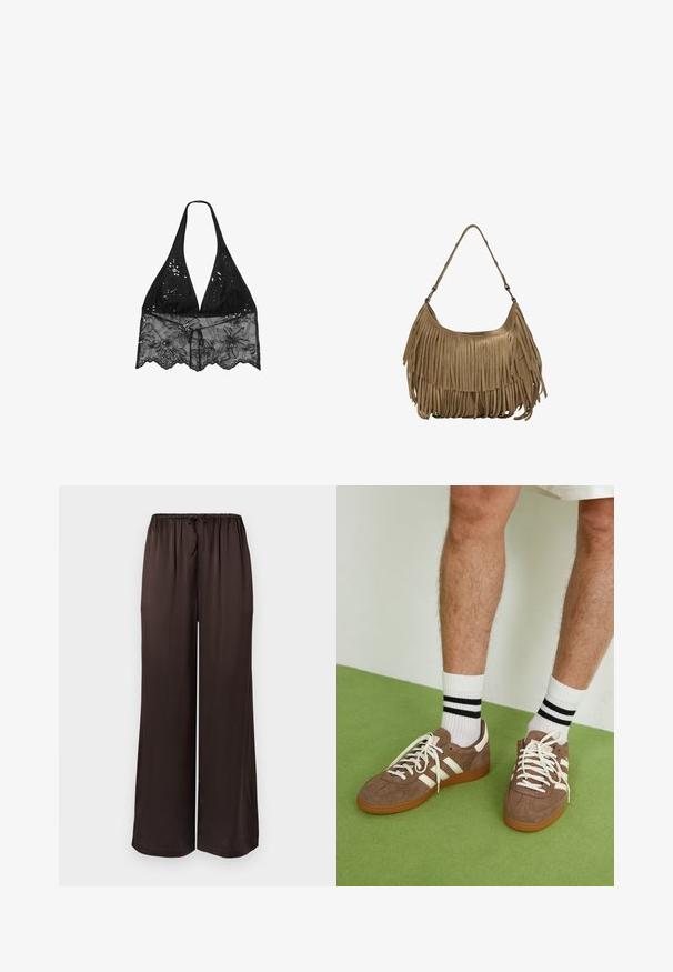 Stradivarius HALTER WITH EMBROIDERY - Blůza - black; Černé kalhoty s širokými nohavicemi vyrobené z hladké látky s elastickým pasem a stahovací šňůrkou. Mají volný a splývavý střih.; Hnědé semišové tenisky s bílými akcenty a tkaničkami. Gumová podrážka. Nošeny s bílými ponožkami s černými pruhy. Zelená strukturovaná podlaha.; Hnědá semišová kabelka s dlouhými třásněmi, zakřiveným tvarem a jedním ramenním popruhem. Vyznačuje se hladkým, texturovaným povrchem.