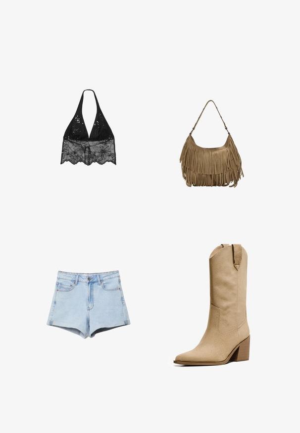 Stradivarius HALTER WITH EMBROIDERY - Pusero - black; Vaaleansiniset farkkushortsit, joissa on korkea vyötärö, neljä taskua ja kuparinvärisiä yksityiskohtia. Kankaan pinta on sileä ja reunat siistit.; Bershka HIGH-HEEL - Biker-/cowboysaappaat - beige; Ruskea mokkanahkainen käsilaukku, jossa on pitkät fringer yksityiskohdat, kaareva muoto ja yksi olkahihna. Pinta on sileä ja teksturoitu.