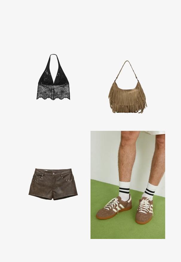 Stradivarius HALTER WITH EMBROIDERY  - Blus - black; Bruna shorts i faux läder med en slät textur, prydda med silvernitar vid framfickorna och knäppning med knapp.; Bruna mockaskor med vita detaljer och snören. Gummisula i beige. Bärs med vita strumpor med svarta ränder. Grön strukturerad golvyta.; Brun mockaskinns väska med långa fransdetaljer, en böjd form och ett enda axelband. Har en jämn, strukturerad yta.