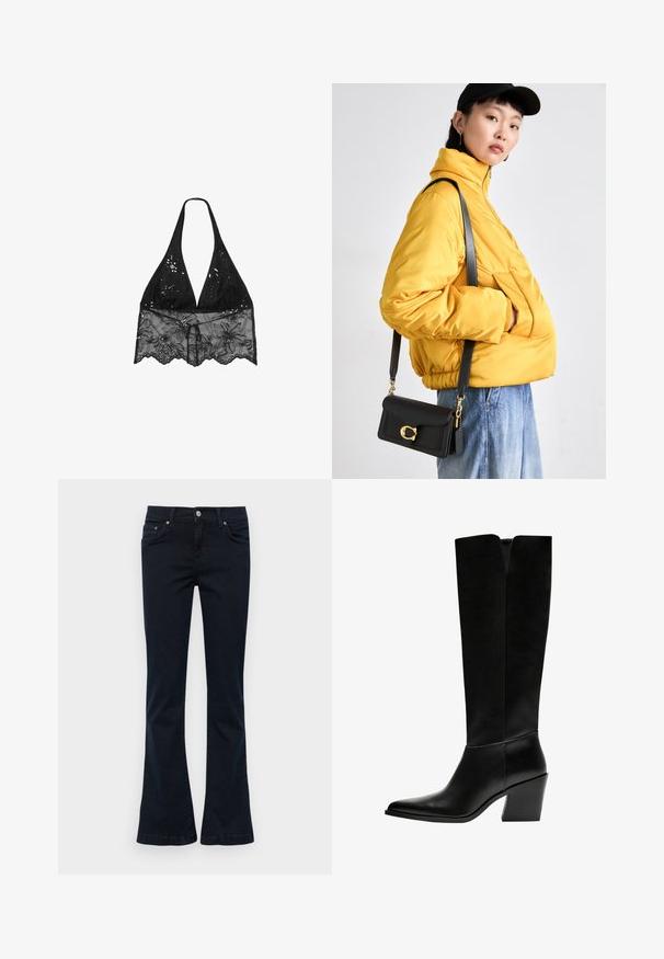 Stradivarius HALTER WITH EMBROIDERY  - Blůza - black; Zvonupravené džíny vyrobené z tmavého denimového materiálu s hladkou texturou. Obsahují přední kapsy, zapínání na knoflík a prošité lemování.; Černé kozačky po kolena vyrobené z hladké kůže, s špičatou špičkou, blokovým podpatkem a výřezem ve tvaru V na vrchu.; Žlutá vyteplená bunda s vysokým límcem a přední kapsou, doplněná černou kabelkou přes rameno se zlatými detaily. K tomu casual džíny.