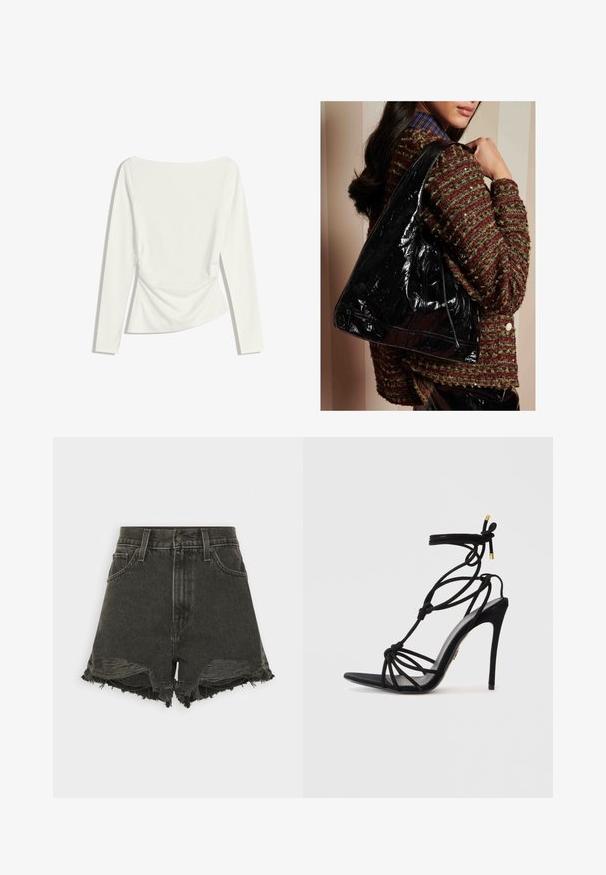 Hvid langærmet kvindetop med bådhals, rynket taljedetalje og let figursyet silhuet.; Sorte denimshorts med frynset kant, høj talje, fem lommer og knaplukning. Den slidte tekstur tilføjer visuel interesse.; Sorte stiletto-sandaler med et knyttet stropdesign, åben tå og en slank hæl. Glat tekstur med guldfarvede accenter på stropperne.; Sort patenteret læder skuldertaske med en buet form, glat overflade og snørelukning, båret med en rød-grøn struktureret sweater.