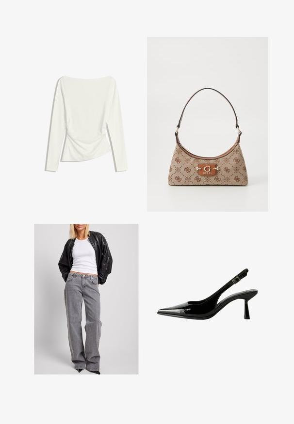 Bela dolga majica za ženske z čolnastim izrezom, nagubanim pasom in rahlo prilegajočo silhueto.; Črna usnjena bomber jakna, bela rebrasta majica brez rokavov in siv jeans z visokim pasom, ohlapnega kroja, s subtilnim šivom in akcentnimi žepi.; Črne lakirane slingback čevlje s koničastim nosom, izrezanimi stranicami, nastavljivim gležnjarjem in tankim, elegantnim peto.; Torba iz bež tkanine z rjavimi vzorčenimi detajli. Ima ukrivljeno obliko, en sam ročaj in spredaj logotipno ploščico s srebrnim okovjem.
