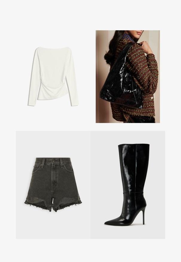 Fehér, hosszú ujjú női felső, hajónyakkal, ráncolt derékrésszel és enyhén testhezálló sziluettel.; Fekete farmer sort, rojtos szegéllyel, magas derékkal, öt zsebbel és gombos zárással. A kopott textúra vizuális érdekességet ad.; Fekete bőrből készült, térd fölé érő csizmák hegyes orral és magas stiletto sarokkal. Simára csiszolt textúra és elegáns kivitelezés, minimális díszítéssel.; Fekete patent bőr válltáska ívelt formával, sima textúrával és húzózsinóros zárással, piros-zöld textúrájú pulóverrel viselve.