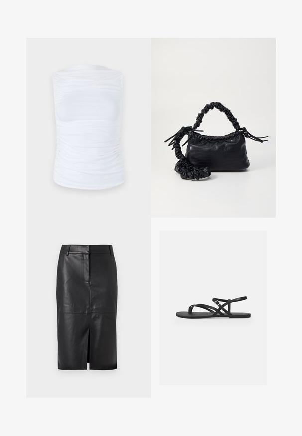 Top alb fără mâneci, fabricat dintr-un material neted și elastic, cu detalii pliate pe laturi, având un decolteu rotund și o siluetă ajustată.; Fustă tip creion din piele neagră cu o deschidere frontală, având o textură netedă, două buzunare laterale și o siluetă ajustată.; Sandale negre cu talpă plată, având multiple curele subțiri și un detaliu cu cataramă. Textură netedă cu un design minimalist.; Geantă din faux leather neagră cu textură de crocodil, cu partea superioară strânsă și o curea mototolită. Pare moale și compactă ca design.