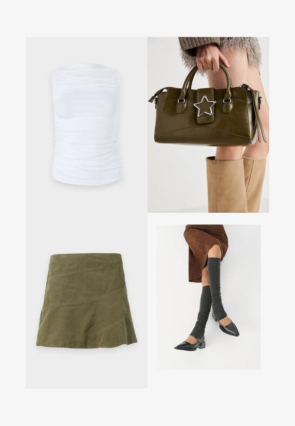 Top sans manches blanc en tissu lisse et extensible avec des détails froncés sur les côtés, présentant un col rond et une silhouette cintrée.; Jupe en velours côtelé vert olive à forme évasée, avec des coutures diagonales et une texture subtile. Modèle mi-long sans fermetures visibles.; Chaussures à bout pointu en cuir verni noir avec un talon bloc et une bride à la cheville, accompagnées de jambières en maille grise et d'une jupe en daim marron.; Sac à main en simili cuir vert olive avec accent étoilé argenté, deux poignées et fermeture éclair. Surface texturée et forme structurée.