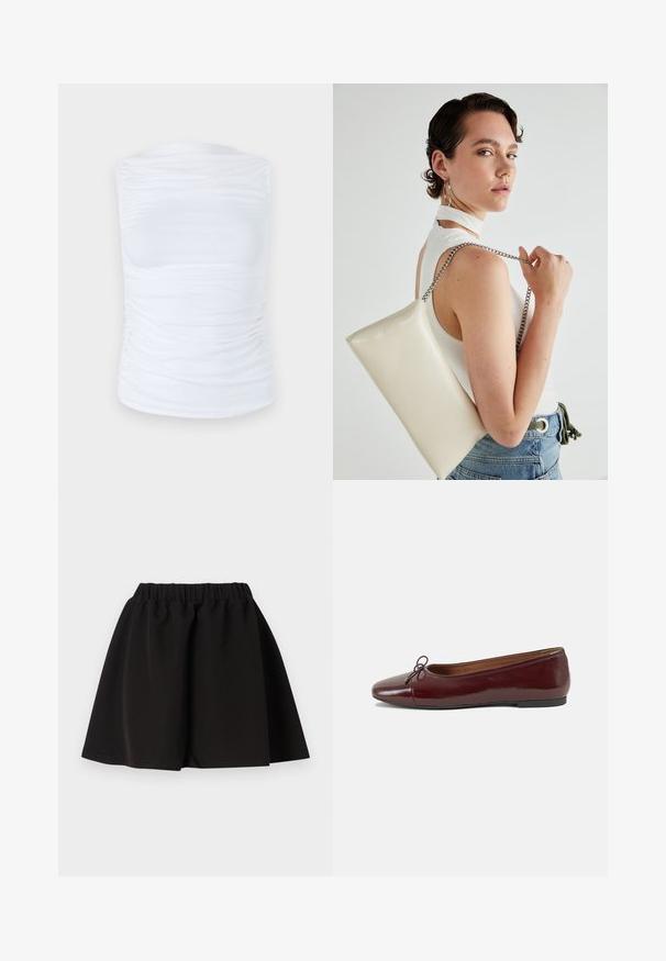 Hvit ermeløs topp laget av glatt, elastisk stoff med rynkedetaljer langs sidene, med rund halslinning og en tettsittende silhuett.; Svart, utsvängd kjol laget av myk, elastisk stoff med elastisk midje. Kantlinjen sitter over midten av låret og gir god bevegelsesfrihet.; Burgunderrød lakk lær ballettleilighet med rund tå, liten sløyfe foran og en lav, svart gummisåle. Glatt tekstur.; Hvit rektangulær clutch-veske laget av blankt materiale, med en sølvkjede-stropp. Modellen poserer og viser vesken mot en ensfarget bakgrunn.