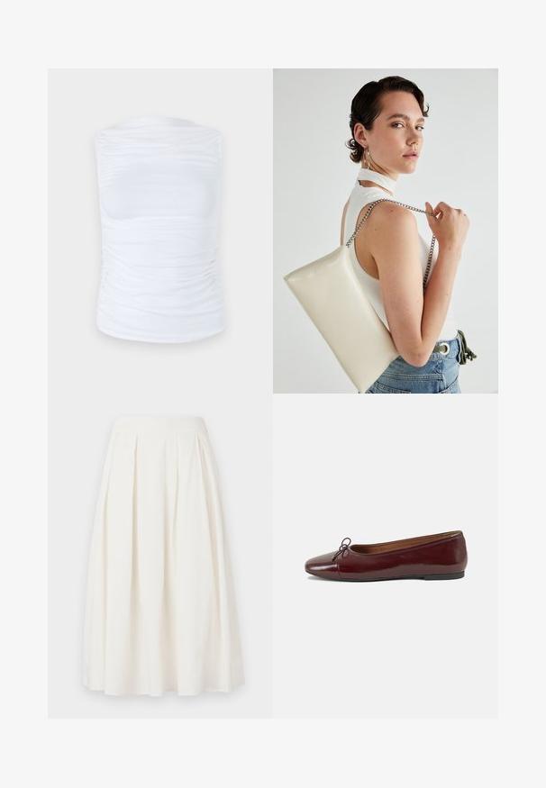 Biely top bez rukávov vyrobený z hladkej, elastickej tkaniny s nariasenými detailmi po stranách, s okrúhlym výstrihom a priliehavým strihom.; Biela plisovaná sukňa vyrobená z bavlny, s polovičnou dĺžkou a hladkým pásom, v A-čkovom strihu.; Burgundské lakované balerínky s okrúhlou špičkou, malou mašľou na prednej strane a nízkou čiernou gumovou podrážkou. Hladký povrch.; Biely obdĺžnikový kabelka z lesklého materiálu s strieborným reťazovým popruhom. Model predvádza kabelku na jednotnom pozadí.