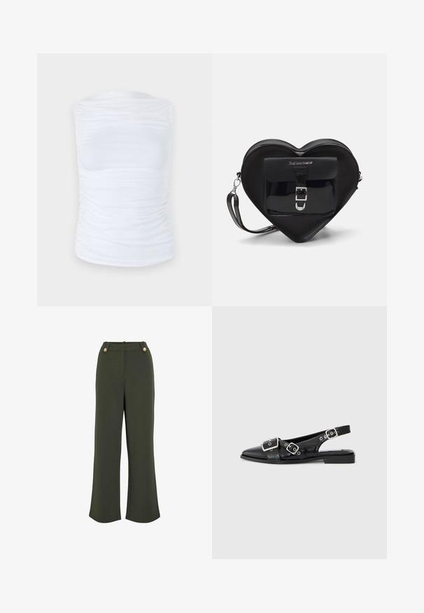 Top bianco senza maniche realizzato in un tessuto morbido ed elastico, con dettagli arricciati lungo i lati, dotato di scollatura rotonda e silhouette aderente.; Pantaloni a gamba larga verde oliva con una texture liscia, dotati di due bottoni dorati in vita e di una silhouette pulita e sartoriale.; Scarpa slingback in pelle nera con punta appuntita, due fibbie argentate e tacco basso a blocco. Presenta una tomaia testurizzata e un retro aperto.; Borsa a forma di cuore nera in pelle verniciata, con una tasca frontale dotata di chiusura a fibbia e tracolla rimovibile. Dettagli in hardware argentato.