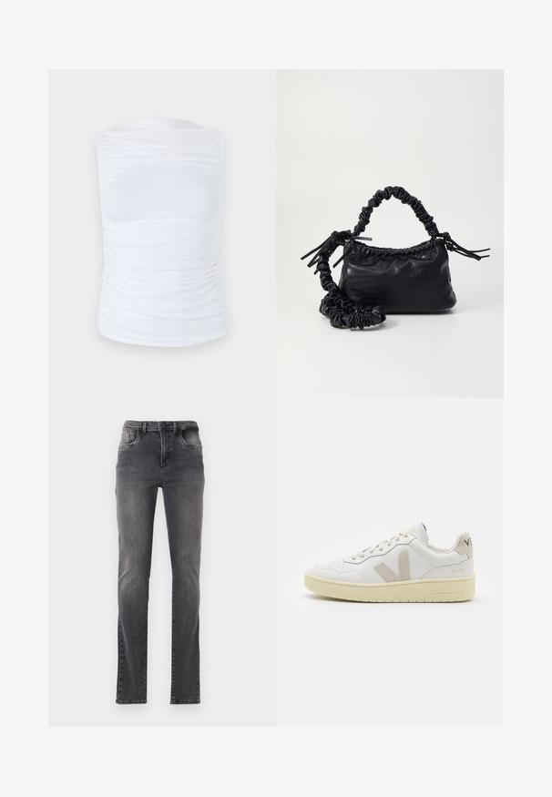 Top branco sem mangas feito de um tecido liso e elástico, com detalhes franzidos nas laterais, apresentando um decote redondo e uma silhueta justa.; Jeans cinza slim fit com ligeira descoloração nas coxas e joelhos, apresentando bolsos frontais e traseiros, passadores de cinto e fecho com botão.; Sapatilha de couro branca com detalhes em camurça bege, biqueira perfurada, atacadores planos e sola texturizada creme. Apresenta uma marcação subtil no calcanhar.; Bolsa de mão em couro sintético preto com textura de crocodilo, topo franzido e alça enrugada. Apresenta um design suave e compacto.