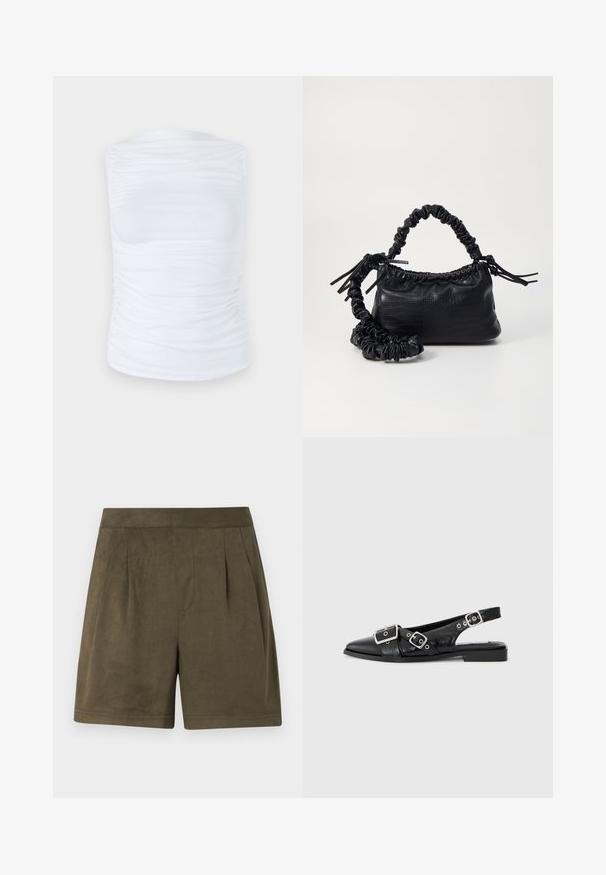 Bílý bezrukávový top vyrobený z hladkého, elastického materiálu s nabranými detaily po stranách, s kulatým výstřihem a těsným střihem.; Tmavě olivově zelené šortky vyrobené z měkkého, semišovému materiálu, s plisovaným designem, středně dlouhým střihem a čistým, strukturovaným pasem.; Černé kožené slingback boty s špičatou špičkou, dvěma stříbrnými sponami a nízkým blokovým podpatkem. Vyznačují se texturovaným svrškem a otevřenou zadní částí.; Černá kabelka z umělé kůže s krokodýlím vzorem, staženým vrškem a zmačkaným popruhem. Zdá se, že má měkký a kompaktní design.