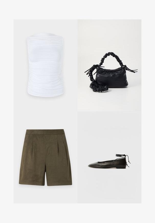 Bílý bezrukávový top vyrobený z hladkého, elastického materiálu s nabranými detaily po stranách, s kulatým výstřihem a těsným střihem.; Tmavě olivově zelené šortky vyrobené z měkkého, semišovému materiálu, s plisovaným designem, středně dlouhým střihem a čistým, strukturovaným pasem.; Černé kožené baletky s špičatou špičkou, vázáním na kotníku a plochou podrážkou, s hladkým povrchem a minimalistickým designem.; Černá kabelka z umělé kůže s krokodýlím vzorem, staženým vrškem a zmačkaným popruhem. Zdá se, že má měkký a kompaktní design.