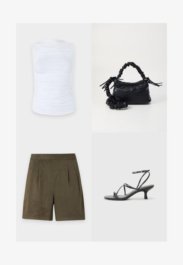 Biely top bez rukávov vyrobený z hladkej, elastickej tkaniny s nariasenými detailmi po stranách, s okrúhlym výstrihom a priliehavým strihom.; Tmavozelené šortky vyrobené z mäkkého, zamatovo-sviežeho materiálu, s plisovaným dizajnom, strednou dĺžkou a čistým, štruktúrovaným pásom.; Čierne lodičky na podpätku s tenkými remienkami, otvorenou špičkou a malým rozšíreným podpätkom. Materiál vyzerá hladko a lesklo.; Čierna umelá kožená kabelka s kroko vzorom, sťahovaným vrchom a zhnutým popruhom. Vyzerá mäkko a kompaktné v dizajne.