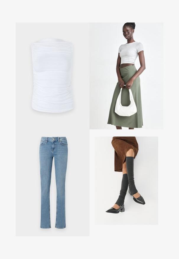 Balta bez piedurknēm tops, kas izgatavots no gludas, elastīgas auduma, ar saplacinātiem elementiem sānos, ar apaļu dekoltē un pieguļošu siluetu.; Gaišzili džinsi ar izplestu kāju, ar standarta piecu kabatu dizainu, pogu aizdari un redzamām šuvju detaļām.; Melnas laka ādas apavi ar norādītu purngalu, blokveida papēdi un potīšu jostu, saskaņoti ar pelēkām ribotām kāju sildītājām un brūnu zamšādas svārku.; Pelēks ribots īsais tops un olīvzaļš augstās vidukļa svārki. Modelis tur baltu plecu somu ar izgriezumiem. Vienkāršs dizains, pieguloša silueta.