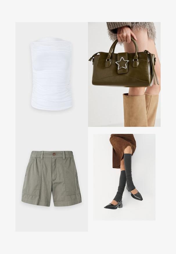 Fehér, ujjatlan felső sima, rugalmas anyagból, az oldalakon redőzött részletekkel, kerek nyakkivágással és fitted sziluettel.; Világos olíva zöld, pamut keverék anyagból készült rövidnadrág, rugalmas derékkal, elülső zsebekkel és egy gombos záródással.; Fekete lakk bőrből készült, hegyes orrú cipők, tömbsarkúakkal és bokapánttal, szürke bordás lábszármelegítőkkel és barna velúr szoknyával párosítva.; Olívazöld műbőr kézitáska ezüst csillag díszítéssel, dupla fogantyúval és cipzáros zárással. Texturált felület és formázott alak.