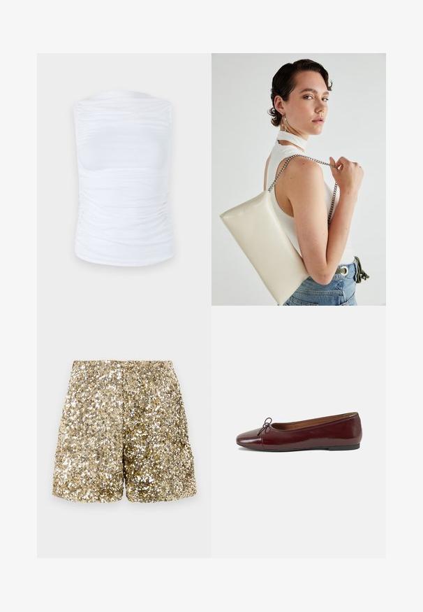 Balta bez piedurknēm tops, kas izgatavots no gludas, elastīgas auduma, ar saplacinātiem elementiem sānos, ar apaļu dekoltē un pieguļošu siluetu.; Zelta spīdīgas šortas ar spīdīgu tekstūru, kurām ir brīva piegriezuma forma un elastīga josta. Sekundārā efekta dēļ radās mirdzošs efekts.; Burgundijas laku ādas baleta kurpes ar noapaļotu purngalu, nelielu loku akcentu priekšā un zemu melnu gumijas zoli. Gluda tekstūra.; Balts taisnstūra clutch soma, izgatavota no spīdīga materiāla, ar sudraba ķēdes siksnu. Modelis pozē, demonstrējot somu uz vienkārša fona.