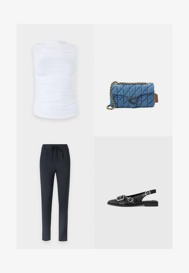 Bijela bezrukavna majica napravljena od glatkog, rastezljivog materijala s nabr mansionja duž strana, koja ima okrugli izrez i prilagođeni kroj.; Tamno plave uske hlače s elastičnim pojasom, izrađene od mekog, rastezljivog materijala, s ravnim prednjim dijelom i sužavajućim nogavicama.; Crne kožne sandale s otvorenom petom, špicaste su i imaju dvije srebrne kopče te niski blok petu. Imaju teksturirani gornji dio.; Plava ispunjena torba od denima s remenom od zlatnog lanca i istaknutim zlatnim logotipom sprijeda. Kompaktni pravokutni oblik.