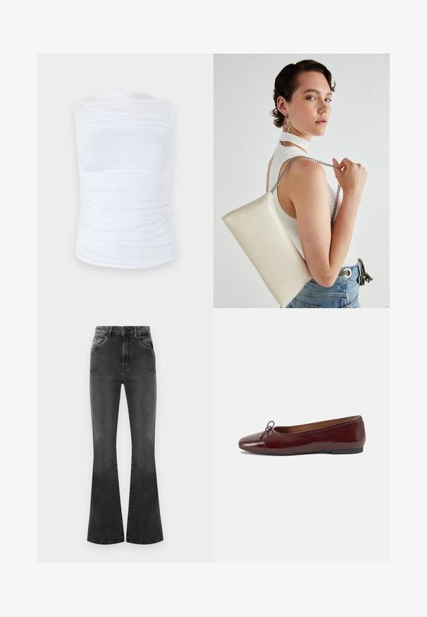 White sleeveless top made of smooth, stretchy fabric with gathered details along the sides, featuring a round neckline and a fitted silhouette.; Black flared jeans featuring a high waist, sewing details, and five pockets. The fabric has a smooth texture with a faded finish.; Burgundy patent leather ballet flat with a rounded toe, small bow accent at the front, and a low, black rubber sole. Smooth texture.; White rectangular clutch bag made of glossy material, featuring a silver chain strap. Model poses, showcasing the bag against a plain background.