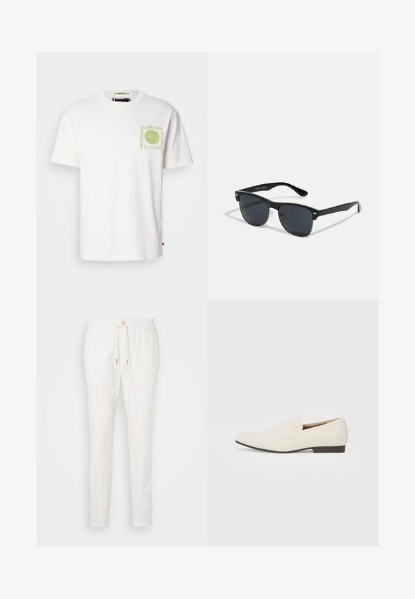 Biała bawełniana koszulka z krótkim rękawem, z zielonym abstrakcyjnym wzorem spirali oraz napisem na lewej stronie klatki piersiowej. Okrągły dekolt.; Białe lniane spodnie z elastycznym paskiem w pasie, zapięciem na guzik i zwężanym krojem. Gładka faktura z minimalnymi detalami i bez widocznych wzorów.; Jasne beżowe mokasyny z wąskim noskiem, gładkim materiałem, paskiem na wierzchu stopy oraz niską brązową podeszwą. Prosty design z minimalnymi akcentami.; Czarne okulary przeciwsłoneczne o prostokątnym kształcie, ciemnych soczewkach, srebrnych akcentach na zausznikach oraz matowym wykończeniu oprawki.