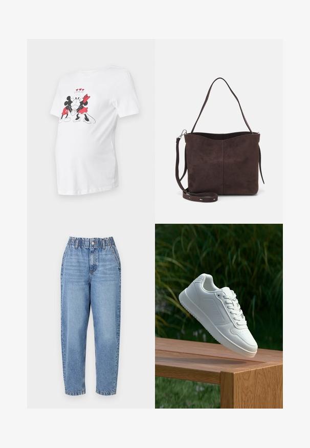 Bijela majica za trudnice s grafikom Mickeyja i Minnie Mouse, crno-crvenim detaljima, kratkim rukavima i opuštenim krojem.; Svijetlo prani traperice s elastičnom trakom u struku, ležeran kroj i suženi kroj nogavica. Ima blago istrošen izgled i klasičan stil s pet džepova.; Bijela tenisica sa glatkim sintetičkim gornjim dijelom, perforiranim prednjim dijelom, ravnim vezicama i teksturiranom potplatom, prikazana na drvenoj površini.; Smeđa suđena torba s mekanom teksturom, s jednim remenom za rame i suptilno zakrivljenim gornjim otvorom. Nema vidljivih dijelova od hardvera.