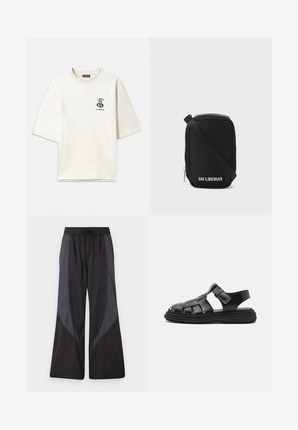 T-shirt oversize di colore crema realizzato in cotone. Caratterizzato da maniche corte e una piccola grafica di un serpente nero sul lato sinistro del petto.; Han Kjøbenhavn PANELLED TRACK TROUSERS - Pantaloni sportivi - anthracite black; Sandali neri in pelle con design intrecciato, dotati di fasce regolabili, dettagli metallici e una suola nera spessa per maggiore stabilità.; Borsa nera di forma rettangolare, realizzata in materiale liscio. Presenta una zip superiore, una tracolla regolabile e la scritta bianca: "HAN KJØBENHAVN."