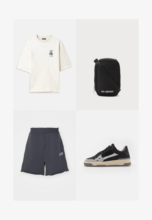 Crème-kleurige oversized T-shirt van katoen. Heeft korte mouwen en een kleine zwarte slang graphic op de linkerborst.; Donkergrijze katoenen shorts met een elastische tailleband, voorzien van een rechte snit, decoratieve stiksels en een klein wit logo aan de zijkant.; Sneakers met zwarte en grijze panelen, gestructureerd mesh, glad leer en een crèmekleurige rubberen zool met een minimalistisch ontwerp.; Zwarte tas met een rechthoekige vorm, gemaakt van glad materiaal. Beschikt over een bovenrits, verstelbare schouderband en witte tekst: "HAN KJØBENHAVN."