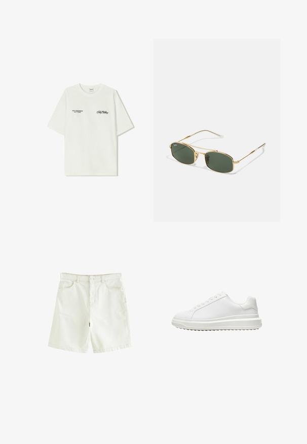 Witte katoenen T-shirt met korte mouwen. Aan de voorkant staat in zwarte tekst: "NIET MORGEN NIET VANDAAG" en "DE KUNST VAN VUIL VERPLAATSEN" in groene cursieve letters.; Witte denim shorts met een rechte snit, voorzien van vijf zakken, een knoopsluiting aan de voorkant en zichtbare stiksels. Glad uiterlijk.; Witte sneaker met een glad synthetisch bovenwerk, ronde neus, platte veters, gestructureerde zool en een gelaagd, platformontwerp voor extra hoogte.; Gouden metalen zonnebril met groene lenzen, met een hoekige vorm en slanke armen. Het ontwerp heeft een dunne rand en subtiele branding op de lens.