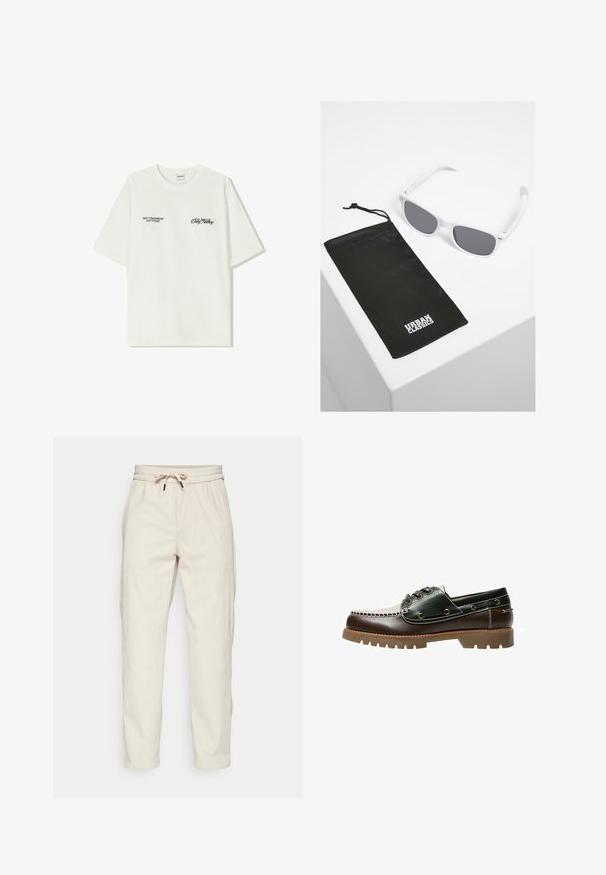 Bijela pamučna majica kratkih rukava. Na prednjem dijelu nalazi se crni natpis: "NE SJUTRA NE DANAS" i "UMJETNOST KRETANJA PRAHOM" na zelenoj boji.; Svijetlosmeđe korduroy hlače s elastičnim pojasom, bočnim džepovima i opuštenim krojem, s rebrastom teksturom i suženim nogavicama.; Smeđe i zelene kožne brodske cipele s bijelim šivanim dizajnom, okruglim vezicama i teksturiranom gumiranom potplatom. Izdržljiva konstrukcija s metalnim rupicama.; Bijele plastične naočale sa sivim lećama pored crne tkaninske torbice koja ima bijeli "URBAN CLASSICS" logo u podebljanom slovu.