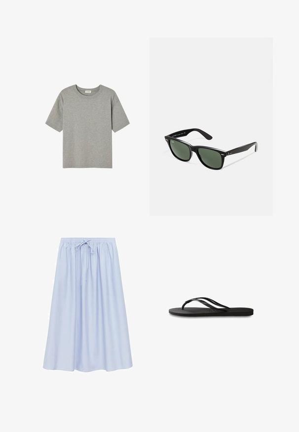 Graues Kurzarm-T-Shirt aus weicher Baumwolle mit Rundhals und lockerer Passform, ohne auffällige Muster oder Akzente.; Hellblauer, knielanger Rock in lockerer Passform, mit einem elastischen Taillenbund und verstellbaren Kordelzügen. Weicher, leichter Stoff.; Schwarze Flip-Flops mit einer strukturierten Gummisohle, zwei schlanken Riemen und einem dezenten, geprägten Logo-Detail auf dem Riemen.; Schwarze Plastiksonnenbrille mit grünen Gläsern, quadratischen Rahmen, silbernem Akzent auf der Augenbraue und strukturierten Bügeln. Angegebene Marke auf dem inneren Bügel.