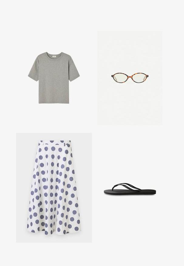 Sivý krátky rukáv tričko vyrobené z mäkkej bavlny, s okrúhlym výstrihom a voľným strihom bez výrazných vzorov či akcentov.; Sukňa po kolená, biela, s rozšíreným strihom, s veľkými námorníckymi modrými bodkami. Má hladkú textúru a plisované detaily.; Čierne žabky s textúrovanou gumovou podrážkou, dvoma štíhlymi popruhmi a diskrétnym embosovaným logom na popruhu.; Korytnačkové okuliare s oválnymi šošovkami a hladkým, lesklým povrchom. Majú tenké strany s jemným zakrivením na spánkoch. Priehľadné šošovky.